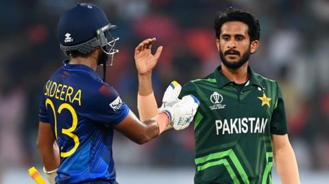 Sri Lanka's Sadeera Samarawickrama and Pakistan's Hasan Ali during a match in 2023
