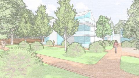 A sketch of what the area could look like. There is a brown path with green spaces around it, as well as green trees. The path leads to several white and glass houses, which are two storeys high. There is a sketch of a person walking on the path.