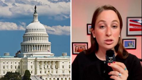 Split screen image: Capitol Hill on the left, and a woman holding a microphone, with pictures in black frames behind.