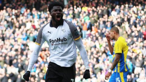 Patrick Agyemang celebrates scoring for Derby County against Southampton