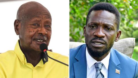 A composite photograph of head and shoulders shots of Yoweri Museveni and Bobi Wine