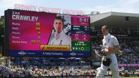 Zak Crawley walks off after being dismissed at the SCG