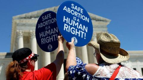 Abortion rights campaigners outside the Supreme Court building