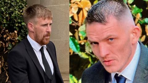 A composite image to men; the man on the left has orange hair and facial hair and is wearing a black suit and tie. The one of the left has thinning dark hair and is wearing a grey suit and tie.