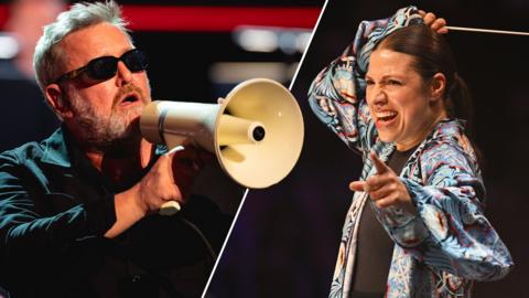 Guy Garvey singing through a megaphone while wearing sunglasses, and conductor Dalia Stasevska performing at the Royal Albert Hall