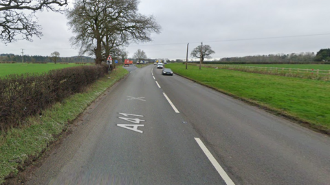 The A41, with hedge and trees on the left and wooden fencing on the right