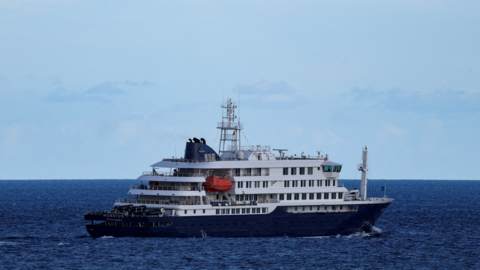The cruise ship MV Hondius leaves the port of Granadilla de Abona, in Tenerife, Spain