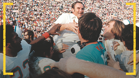 Don Shula is held aloft by his Miami Dolphins players