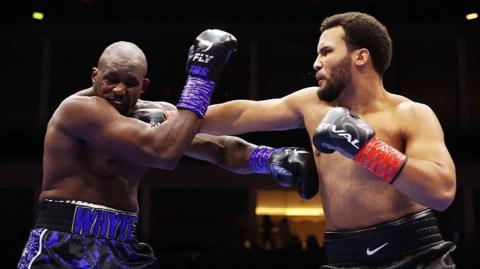 Moses Itauma lands a punch on Dillian Whyte during their heavyweight fight in Saudi Arabia