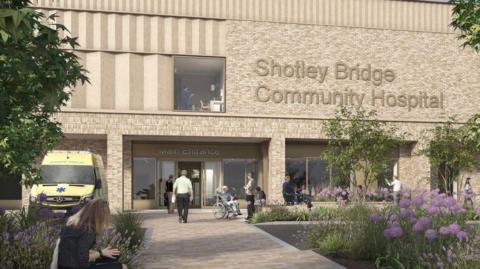 Artist's sketch of the new hospital. It is a stylish brick building with the sign 'Shotley Bridge Community Hospital' and an ambulance outside.