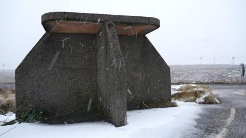 Bus shelter at North Lochs, near Stornoway. It is snowing and there is snow on the ground. Picture by Allan Macleod.