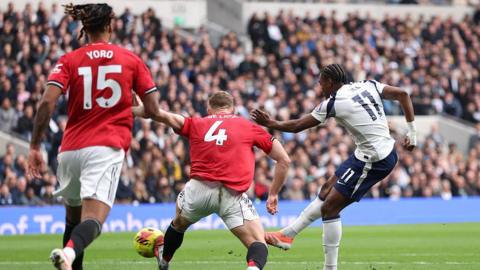 Mathys Tel of Tottenham Hotspur scores