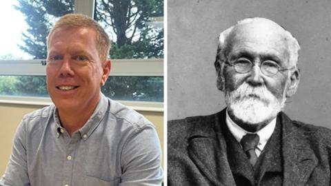 A composite image of two men. The man on the left has short red hair and is wearing a blue shirt. The man on the right appears in a black and white photograph. He has a white beard and moustache and is wearing a suit blazer and tie. 