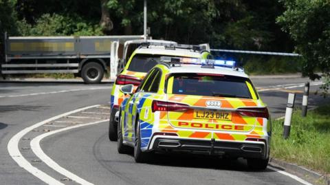 Two police cars are parked on the side of the road. There is a grass verge and a lorry off in the distance.  