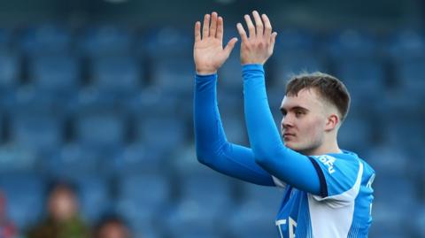 Benony Breki Andresson of Stockport County celebrates