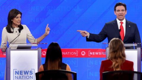 Nikki Haley and Ron DeSantis on the debate stage.