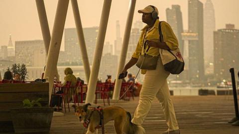 Orange haze in the New York city sky as a woman walks her dog