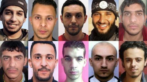 Paris attackers: top row L-R Abdelhamid Abaaoud, Salah Abdeslam, Mohamed Abrini, Foued Mohamed Aggad and Ahmad al-Mohammed; bottom row L-R M al Mahmod, Brahim Abdeslam, Omar Islmail Mostefai, Sammy Amimour and Bilal Hadfi