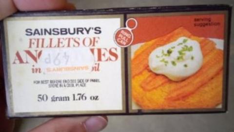 Boxed tin of Sainsbury's fillets of anchovies with 49p price sticker