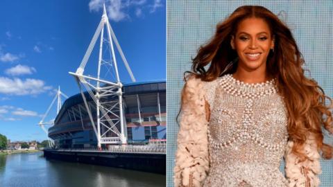 Stadiwm Principality ar y chwith a Beyonce ar y dde