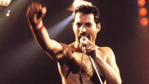 Freddie Mercury raises his arm bare-chested in concert