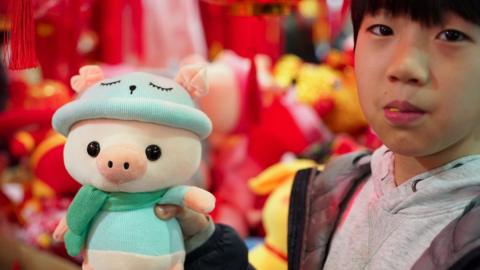 A boy holds a pig doll at a shopping mall