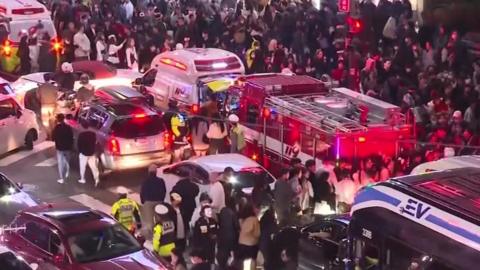 Emergency services attend scene of stampede in Seoul