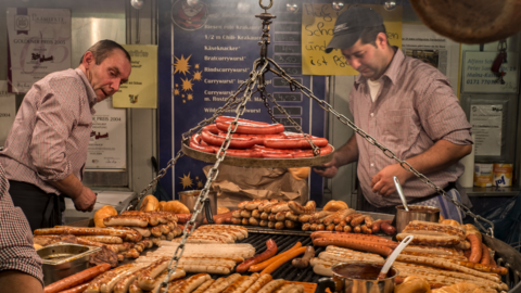 Sausage stand at Christmas market, Wiesbaden, Germany, 2010