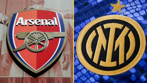 A split image showing Arsenal's badge on the left and Inter Milan's badge on the right