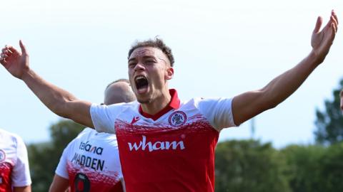 Isaac Sinclair of Accrington Stanley celebrates
