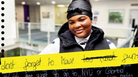 A teenage girl looks at the camera. She is wearing a black hat or head dressing and a black gillet with a white top underneath. 
The image has graphics of a hand-written letter laid over the top, with the text 'don't forget to have fun'
