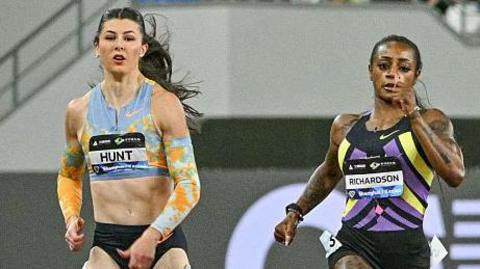 Britain's Amy Hunt (left) and American Sha'Carri Richardson competing against each other