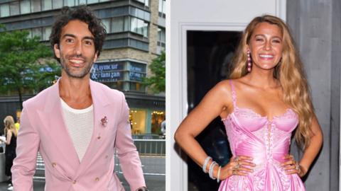 Split screen: Justin Baldoni, left, Blake Lively, right, both wearing pink and smiling to camera, 2024