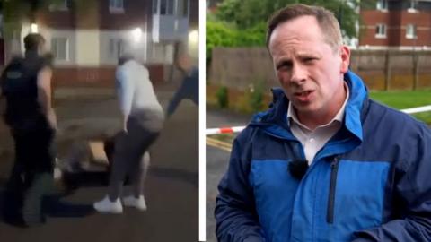 Chris Page in a blue jacket split screen with footage of the attack