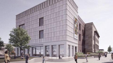 An artist's impression shows the building set to house Huddersfield's new museum and art gallery. It is grey with large windows on the bottom floor.