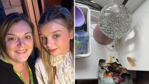 A composite image shows, left, a woman with short brown hair smiling at the camera with her daughter, who has long blonde hair. The other image, right, shows a small glass snow globe with a pink base next to a green child's pencil case, which is charred by fire damage.