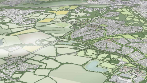 An artist's impression of how the new garden community would look, from the sky. There are green fields and lots of houses.