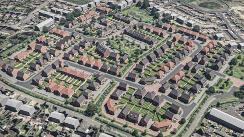 An artists' impression showing a new build development of houses