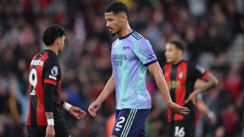 William Saliba walks off the pitch after being sent off versus Bournemouth