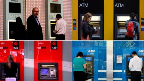 Composite image of customers using deposit machines from Australia's major banks