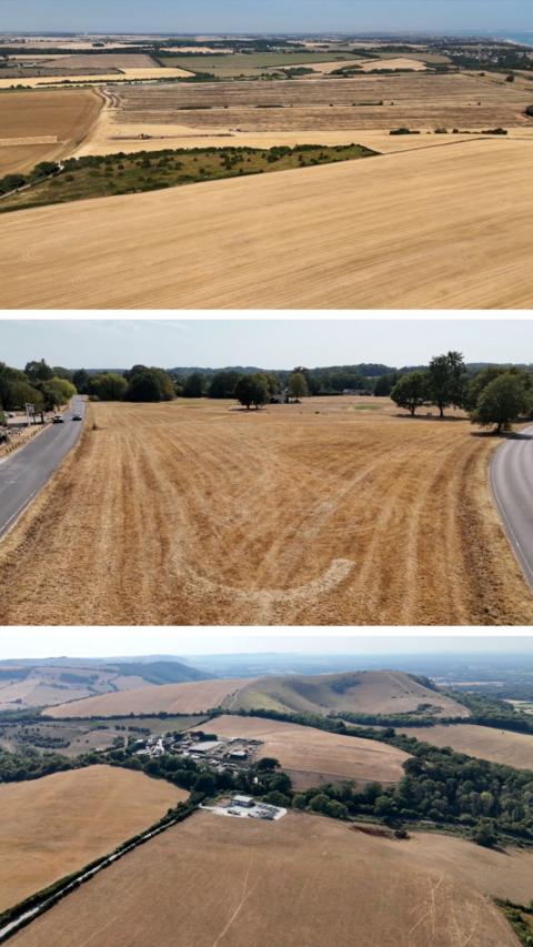 Three aerial images of parched farmland