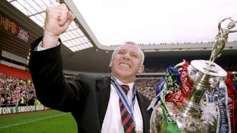 Peter Reid Sunderland manager celebrates promotion to the FA Carling Premier League after the Nationwide Division One match against Birmingham City played at the Stadium of Light
