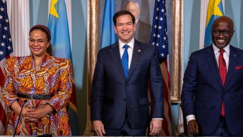Two months ago, on 25 April, US Secretary of State Marco Rubio (C), Rwandan Foreign Minister Olivier Nduhungirehe (R) and Democratic Republic of the Congo Foreign Minister Therese Kayikwamba Wagner sign of a Declaration of Principles between the two countries in the Treaty Room of the State Department in Washington DC.