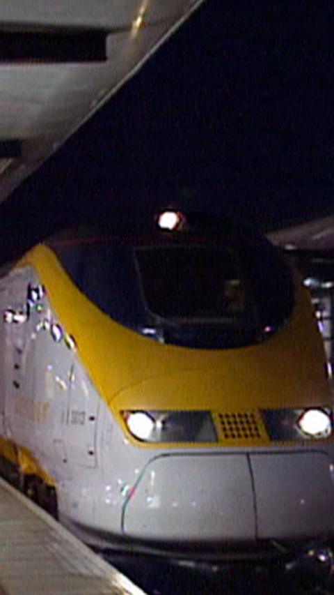 A Eurostar train arriving at Ashford station in 1996.