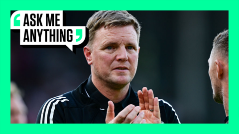 A close-up image of Eddie Howe clapping his hands. The image is surrounded by a green border with 'Ask Me Anything' in the top corner.