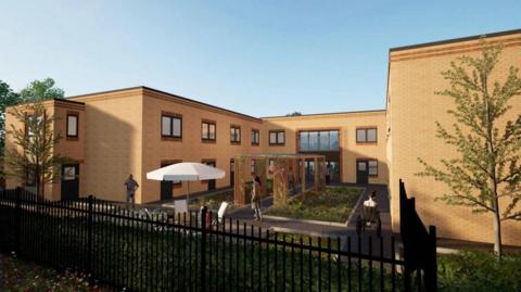 Artist impression of the care home building - a light yellow building with glass windows and a courtyard in between.