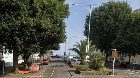 A Google maps screenshot of Devonshire Place in Eastbourne - a dual carriageway lined with trees and a palm tree in the middle. The sea is at the end of the road. 