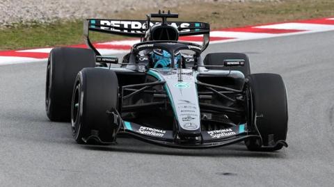 George Russell driving the 2026 Mercedes during Barcelona testing