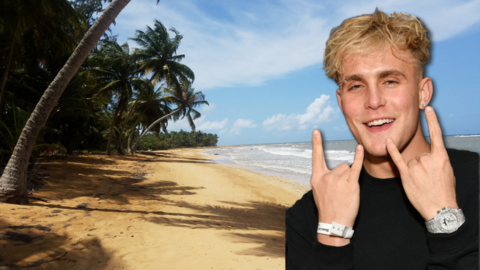 Composite of beach in Puerto Rico and Jake Paul