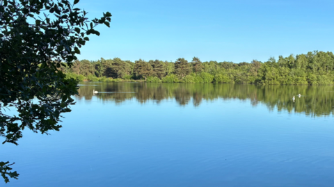 A serene, calm lake under a blue sky.